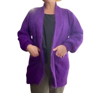 Humming Vintage Royal Purple Fuzzy Angora‎ Rabbit Cardigan Open Front Pockets OS